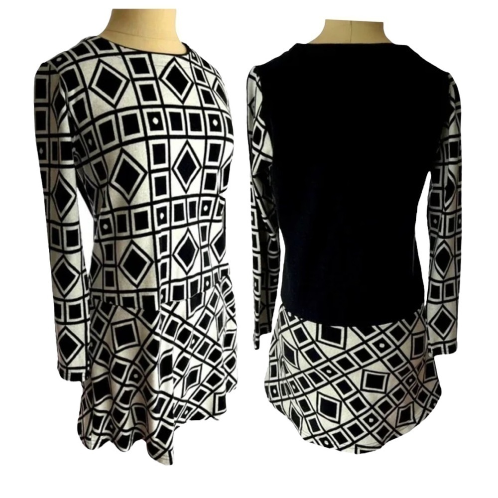 KOREAN Brand Abstract Geometric Color Block Black & Ivory Knit Mini Dress Medium